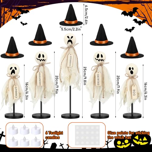 Halloween Ghost Decorations Set with LED Candles - Rustic Wooden Props, Indoor Use