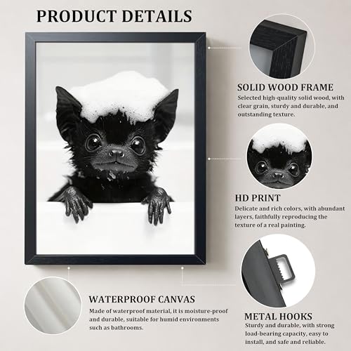 Framed Funny Bat Bathroom Wall Art - Black & White Canvas Print, 16x12 Inch