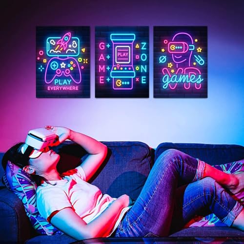 Cyberpunk Gaming Wall Art Abstract Neon Game Decor for Teen Boys Room