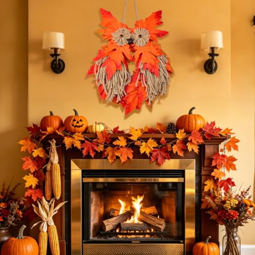 Autumn Owl Wreath for Front Door - Handcrafted Fall Seasonal Decor 14x9 in