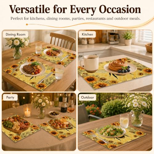 Farmhouse Bee Floral Linen Placemats Set of 6 - Waterproof Washable Table Mats