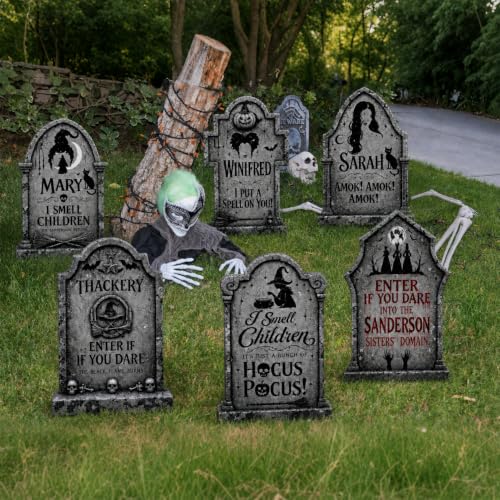 Outdoor Halloween Tombstone Yard Decorations with Stakes - Grey, 6 Pack Waterproof Cemetery Signs