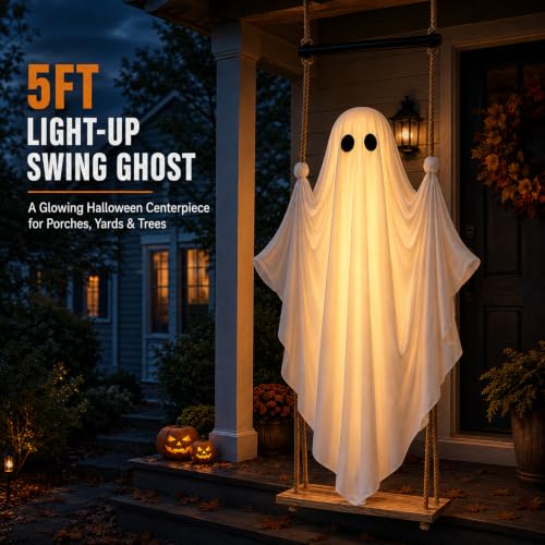 5FT Light-Up Hanging Ghost for Halloween Porch Yard Tree Decor