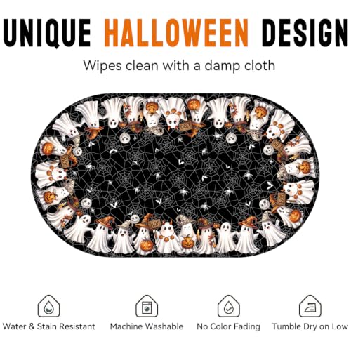 Halloween Ghost Black Oval Tablecloth 60x102 Inch Washable Fabric Party Cover - Spider Web & Ghost Design