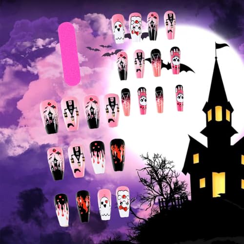 Halloween Press On Nails Set - Glossy Pink Blood Ghost Skull Spiders Variation 59