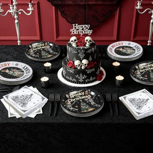 Skull Christmas Party Decorations Set - Gothic Creepy Holiday Tableware & Napkins with Skeleton Design - Variation: Skull Christmas