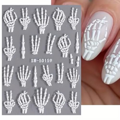 White Skeleton Halloween Nail Stickers - 5D Embossed Bone Skeleton Design - 2PCS