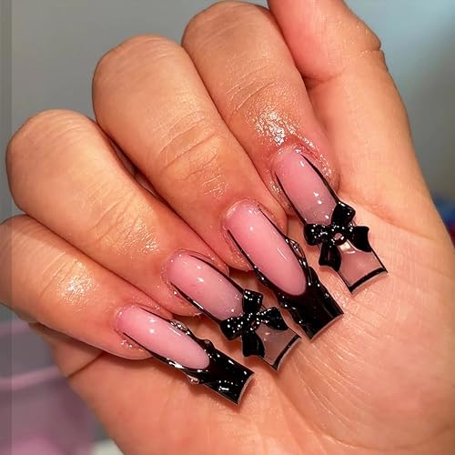 BABALAL ANV05 Long Square Fake Nails Black Goth French Tip 3D Texture Set - Bow Charm 24Pcs