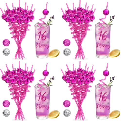 Pink Disco Party Decorations Mini Disco Balls & Reusable Straws Set, 16PCS