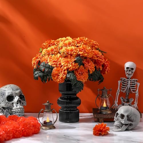 Artificial Fall Marigold Flowers 13 Inch - Orange, 6 Pack for Halloween & Decor