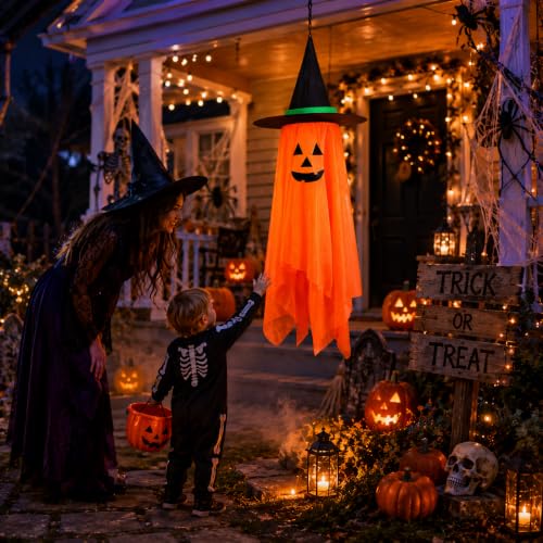 Halloween Ghost Hanging Decor - Foldable Cloth Witch Hat with Lanyards, 39.4 Inch, Reusable for Tree Porch Yard Ceiling Wall
