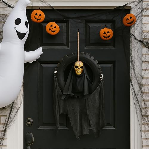 Lighted Talking Moving Skeleton Head Reaper Halloween Hanging Decor with Motion Sensor