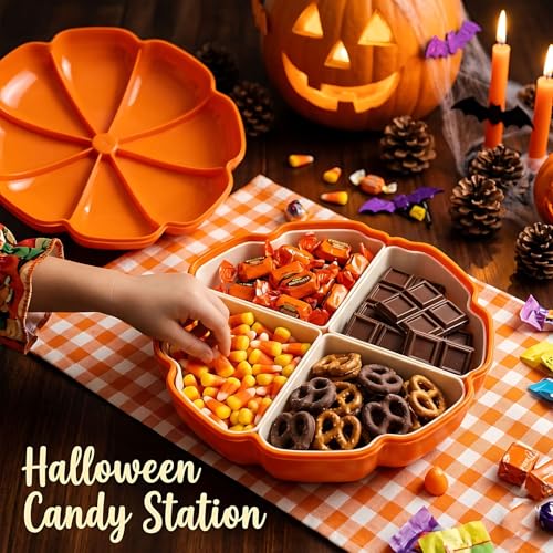 Pumpkin Divided Serving Tray with Lid - Orange Fall Themed Snack Platter, 4 Compartments, BPA-Free Halloween Party Decor