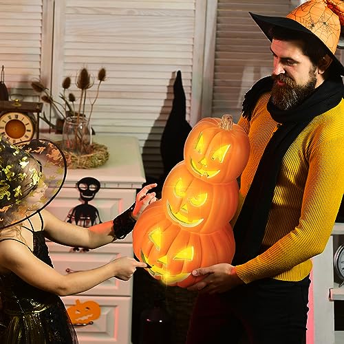 Halloween Pumpkin Decor 3-Tier 14-Inch Jack O Lantern with LED Lights - Orange