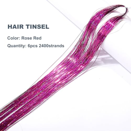 Rose Red Glitter Hair Tinsel Kit for Girls - 47 Inch Long Extensions with Tools