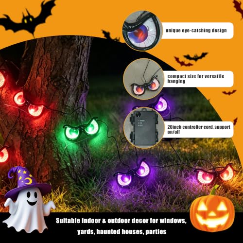 Lighted Halloween Eyes String Lights - Spooky Indoor Outdoor Decor, Waterproof, Timer, 10 Pairs