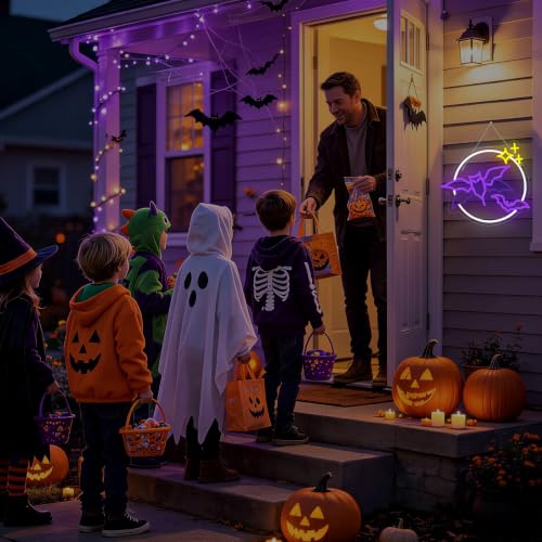 Purple Bat Neon Sign with Flashing Wings Halloween Wall Decor