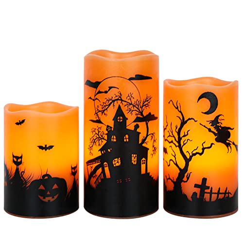 Halloween Orange Flameless Pillar Candles with 6H Timer - 3PCS, Orange-Timer