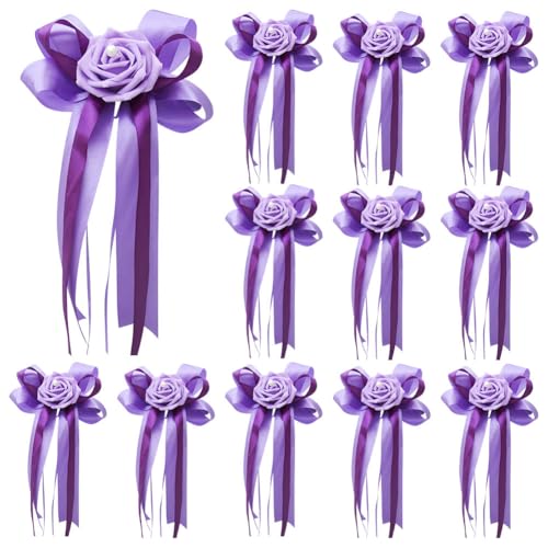 Purple Wedding Car Flower Decorations Set - Artificial Roses & Ribbon Bows, 12 Pieces