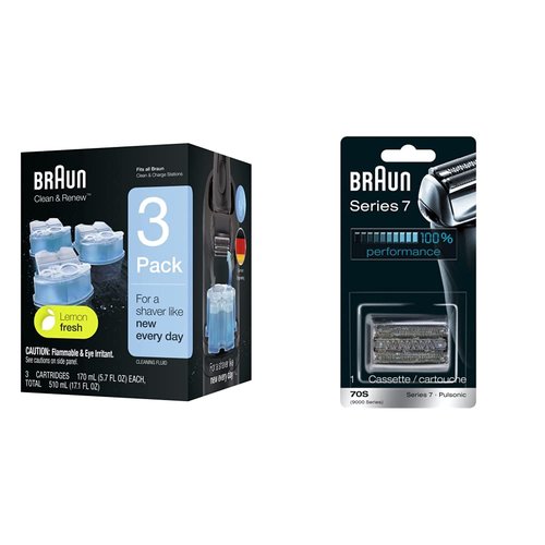 Braun Series 7 70S Electric Shaver Head Replacement Cassette & Clean Renew Refill Cartridges | Blue, 3 Count