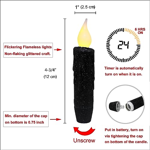 Black Glitter Flameless Taper Candles Set of 3 with Timer - 4-3/4 Inch
