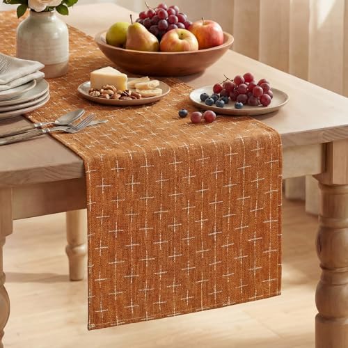 Caramel Cross-Star Textured Table Runner 13x72 Inch Waterproof Rustic Decor
