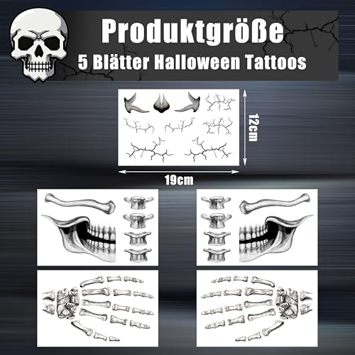 Skeleton Face Tattoo Set – 5 Temporary Halloween Skeleton Tattoos for Men & Women – Skeleton Face Tatto Variation