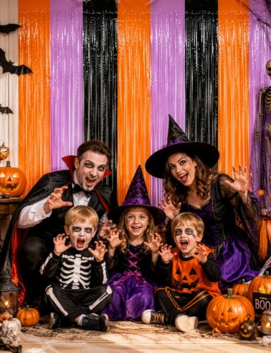 Halloween Tinsel Fringe Curtain Backdrop Decorations - Orange, Purple & Black, Reusable Party Decor