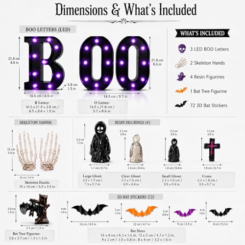 Halloween Decorations Set with LED Boo Lights, 3D Bats & Skeleton Hands - Indoor Festive Display