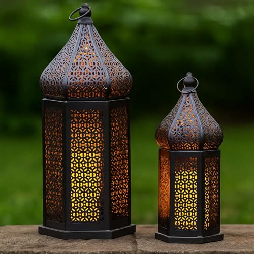 Set of 2 Black Moroccan Lanterns - 11 Inch & 15 Inch Indoor Outdoor Decor