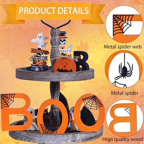 Ovootok Boo Halloween Sign - 3PC Wooden Indoor Decor with Spiderwebs & Spider - Festive Table Centerpiece - Variation: Boo