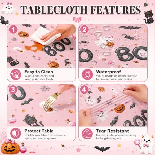 Halloween Pink Tablecloth Set - 3 Pack Spooky Ghost Pumpkin Black Cat Decorations