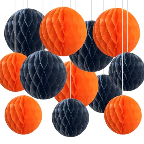 Halloween Paper Honeycomb Balls - 12pcs Black & Orange Hanging Decorations