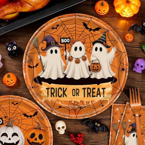 Halloween Ghost Pumpkin Disposable Plate Set - Trick or Treat Party Supplies, Serves 24 - Variation: Ghost Pumpkin