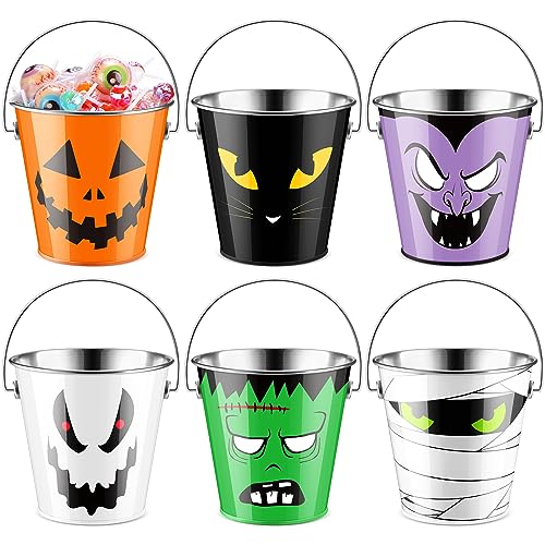 12 Pack Halloween Metal Pumpkin Buckets Trick or Treat Candy Pails - Festive Designs