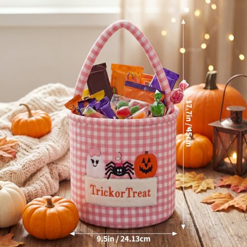 Pink Trick or Treat Halloween Candy Basket with Bow - Kids Gingham Tote