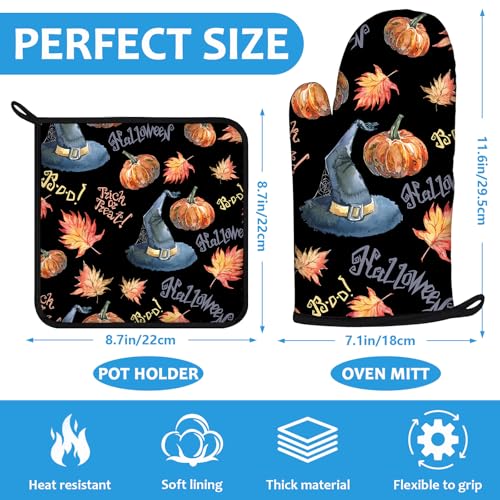 Halloween Pumpkin Autumn Maple Leaf Oven Mitts and Pot Holders Set - Heat Resistant Kitchen Baking & Grilling 4Pcs