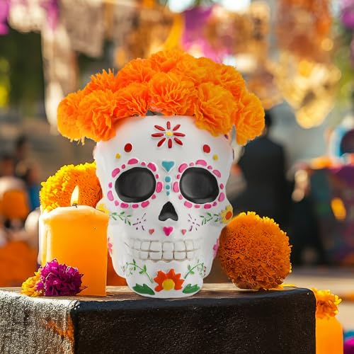 Day of the Dead Sugar Skull Centerpiece with 20 Marigolds - Halloween Home Decor