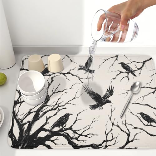 Halloween Crows Dish Drying Mat for Kitchen Counter Vintage Spooky Raven Pattern 24x18 Inches - Absorbent Microfiber Washable Drainer Pad