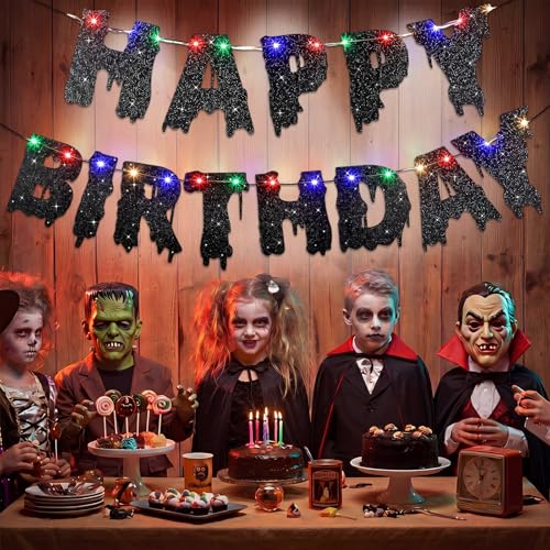 Halloween Gothic Birthday Banner with LED Lights - Black Glitter Celebration Decor