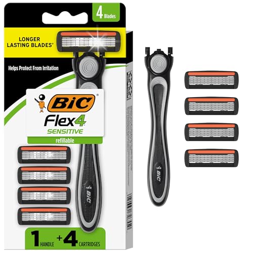 Black/Green BIC Flex 4 Men's Refillable 4-Blade Razor Set with Handle & 4 Cartridges