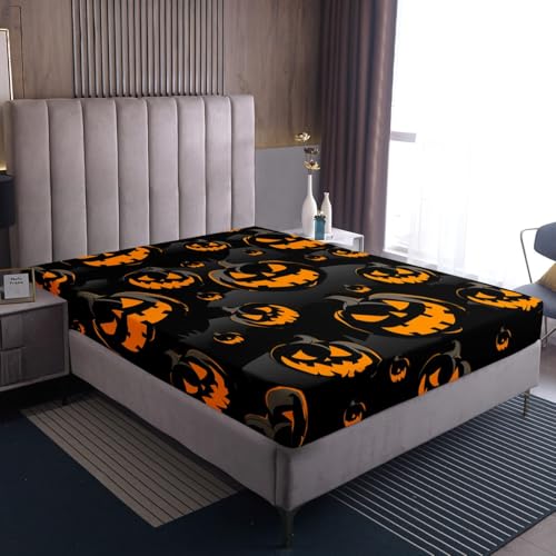 King Size Halloween Pumpkin Bed Sheets Set - Spooky Orange & Black Bedding