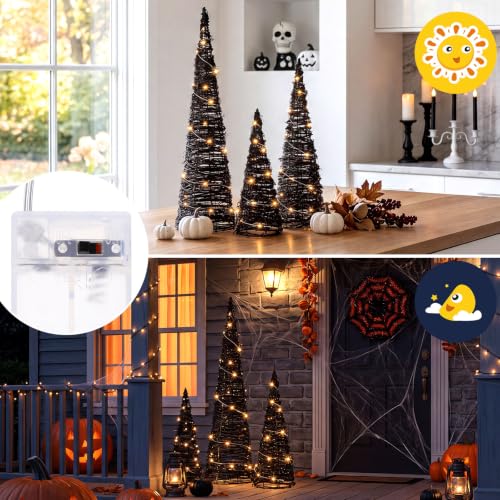 Halloween Rattan Cone Trees Set - Lighted Black Decor for Haunted House, 24/16/12 Inch - Variation: Black / Halloween