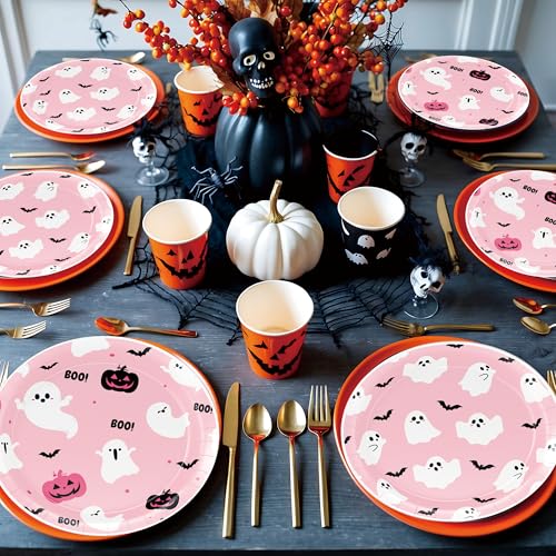 50Pcs Halloween Paper Plates Pink Ghost Disposable Dinnerware Set 7 & 9 Inch
