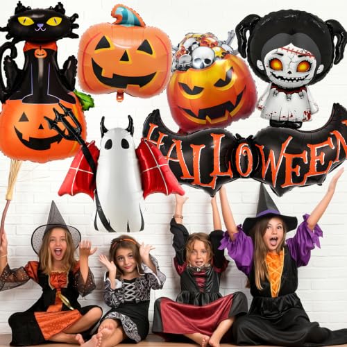 Halloween Foil Balloons Set with Ghost, Pumpkin, Skull & Cat Decorations