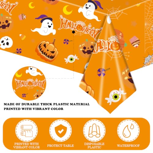 Halloween Disposable Plastic Tablecloths 3 Pack - Waterproof Pumpkin & Ghost Pattern, 54x108 Inches