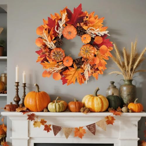 24 Inch Fall Pumpkin Wreath with Hanger - Autumn Harvest Door Decor