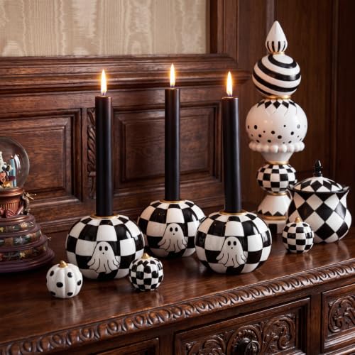 Halloween Black and White Checkerboard Candle Holder Set - Ghost Pumpkin Decor