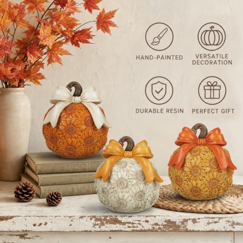 Fall Sunflower Pumpkin Decor Set - 3 Pack Artificial Autumn Pumpkins with Bows - White, Orange, Yellow