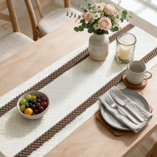 12x72 Inch Coffee Stripe Woven Table Runner - Rustic Home Decor